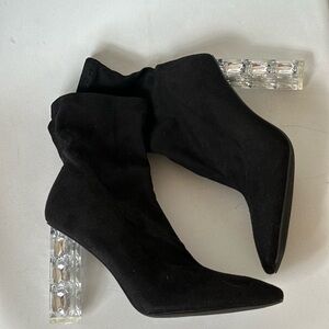 Elegant Black Suede Ankle Boots with Crystal Heels